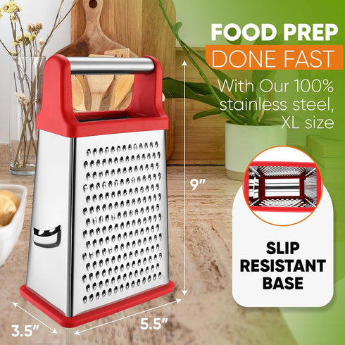 Spring Chef Professional Cheese Grater - XL Stainless Steel 4 Sided Box Grater for Kitchen, Perfect for Parmesan,
