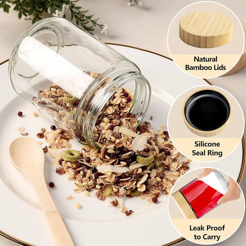 12 Pack 16oz TBWIND Glass Jars with Bamboo Lids, Spoons, Airtight Overnight Oats Containers, Salad& Yogurt Storage