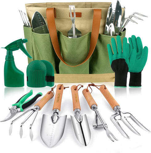 YAUNGEL Heavy Duty Gardening Tools Set, Stainless Steel Hand Tools with Wooden Handle, Storage Tote Bag, Gardening