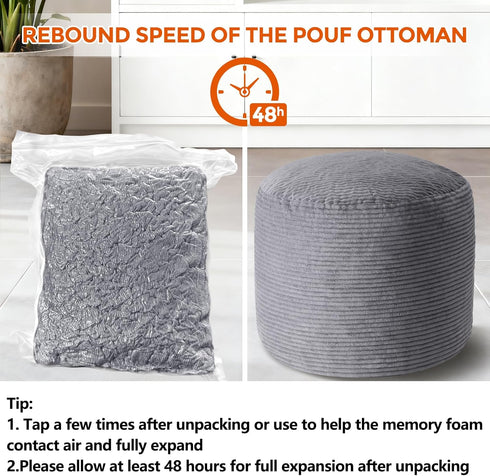 20" 20" 15" x x Pouf Ottoman Foot Rest, Pre-Stuffed Round Foot Stool with Odorless Shredded Memory Foam, Furry & Fluffy