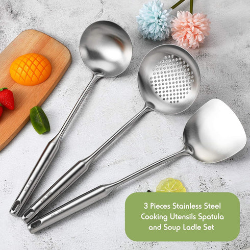 Patelai 3 Pcs Wok Utensils Set: 15in Spatula, Ladle, 304 Stainless Steel, All Metal for Cooking