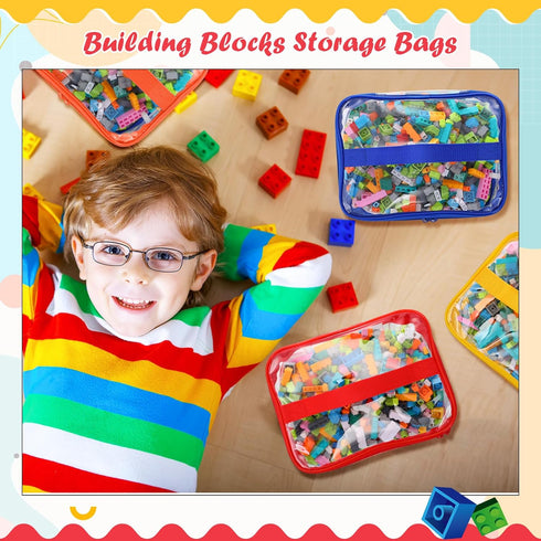 Nitial 6 Packs Clear Toy Storage Bags, Waterproof Zippered Bags for Building Blocks, Board Games, Small Toys (Bright