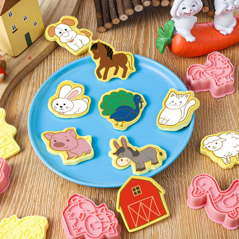 16 Pcs Farm Animal Cookie Cutters with Plunger Stamps Set, Fun 3D Animal Shape Cookie Mold for Baking Birthday