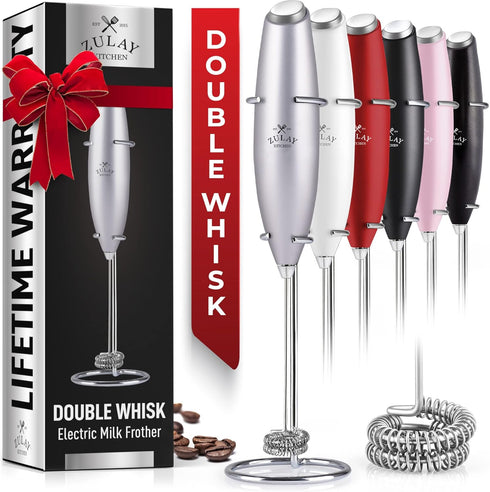Zulay Kitchen Powerful Double Whisk Milk Frother Handheld - Foam Maker with Stand for Coffee, Latte, Matcha