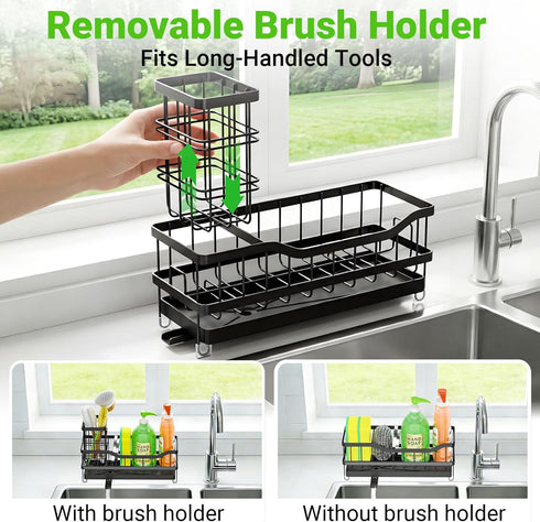 Countertop, Sponge Holder for Kitchen Sink, Self-Draining Sink Caddy Organizer with Removable Brush Holder, Rustproof