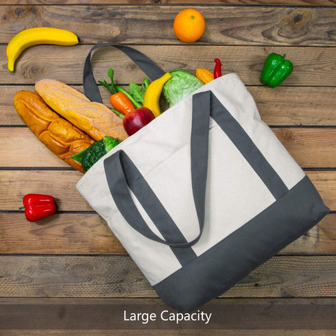 TOPDesign 1-Pack Canvas Tote Bag with External Pocket, Reusable Grocery Shopping Bag, Grey/Natural