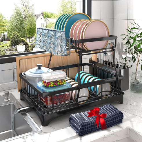 Godboat Dish Drying Rack, 2-Tier Dish Racks for Kitchen Counter with Drainboard & Mat