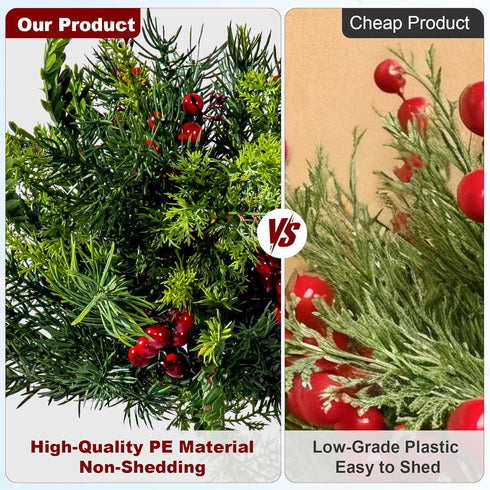 2PCS Bailikang Christmas Artificial Pine Needles Branches Table Decor with Red Berry Pine Cones Greenery Stems