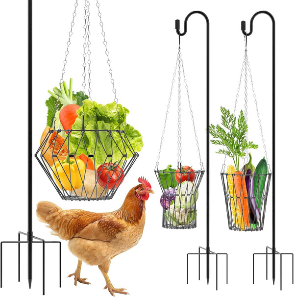 Hanging Chicken Feeder, Foldable Chicken Vegetable Fruits Feeder with 35.5lnch Shepherds Hook,