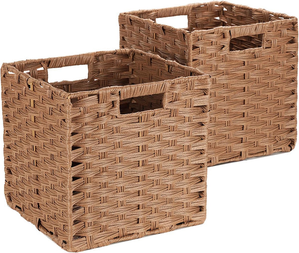 DULLEMELO Wicker Storage Baskets, 11x11 Cube Bins, Foldable Plastic Cubby Baskets Set of 2 for Organizing, Brown