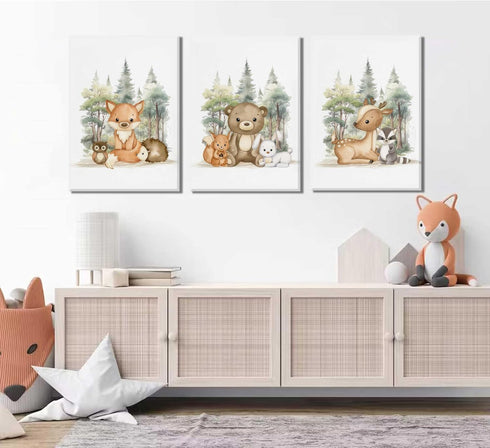 3 Pcs Woodland Animal Nursery Canvas Wall Art Cute Wild Animals Poster Print Fox Bear Deer Painting Picture for Kids