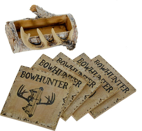 Pine Ridge Home Antler Wood Log Coaster Set with Holder - Absorbent Cabin Lodge Decor for Hunter Men