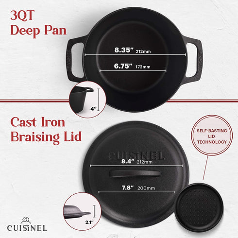 Cuisinel Cast Iron Dutch Oven - 3-Quart Deep Pot with Lid, Pan Scraper, Handle Covers for Indoor/Outdoor Cooking,