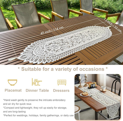 RHVQ 2Pcs Beige(13"x45") Lace Table Runners with Tassels, Farmhouse Boho Doily Vintage Floral Dollies for Tables