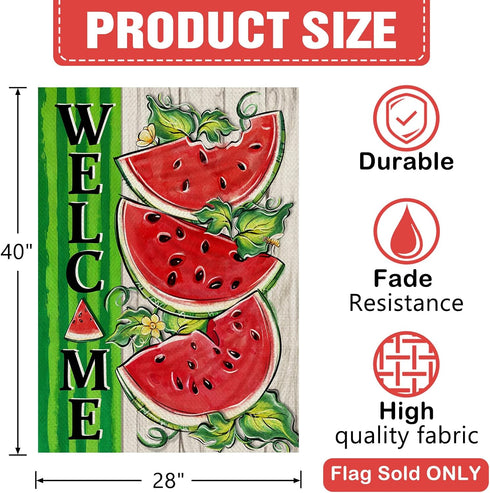 Welcome Summer Watermelon 28 x 40 House Flag, Double Sided; Farmhouse Green Stripes Garden Yard Decoration, Rustic