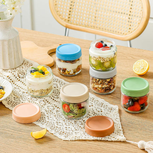 DRKIO 10 Oz Overnight Oats Containers with Lids, 6 Pack Glass Storage Jars for Meal Prep, Snacks, Yogurt