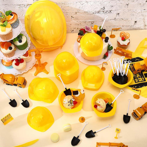 36 Sets 8 oz Uiifan Construction Ice Cream Bowls with Shovel Spoons, Plastic Helmet Dessert Cups Snack Bowls