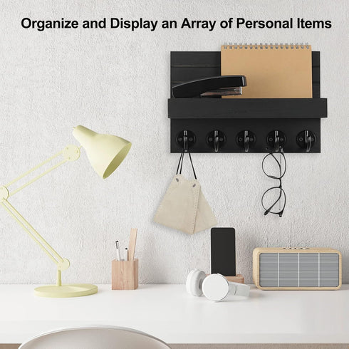 Key Holder for Wall, Decorative Key and Mail Holder with Shelf, Large Hooks for Bags, Coats, Umbrella – Paulownia Wood