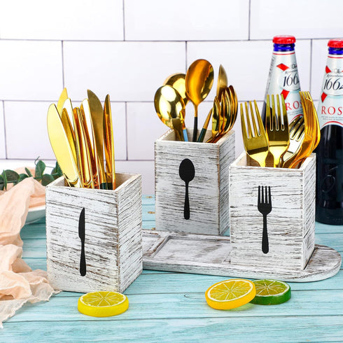 Kathfly 4 Pcs Silverware Caddy Utensil Holder for Countertop Silverware Organizer with Wood Tray Spoon Fork Holder for Kitchen Parties(Retro White)