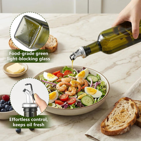 Bottle,17oz 500ml WERTIOO Green Olive Oil Dispenser Glass Oil and Vinegar Dispenser for Kitchen, Glass Bottles