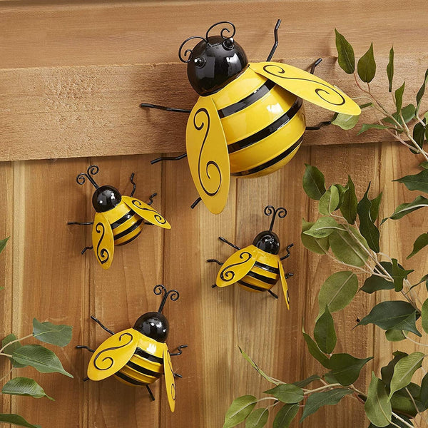 Yungeln Metal Wall Art, 4PCS Metal Bumble Bee Wall Decor, 3D Iron Bee Art Sculpture for Outdoor Home Garden