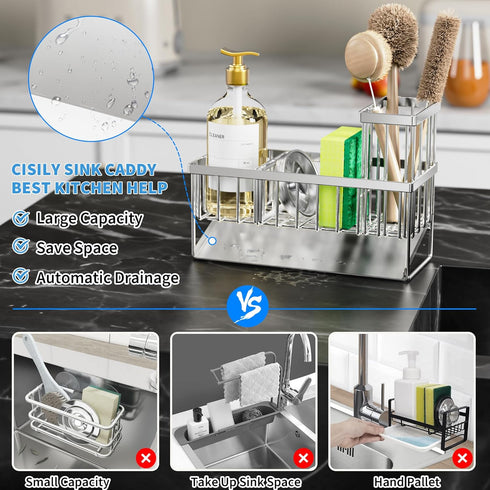 Cisily Sink Caddy Sponge Holder for Kitchen Sink, 304 Stainless Steel Rustproof Organizer with High Brush Holder