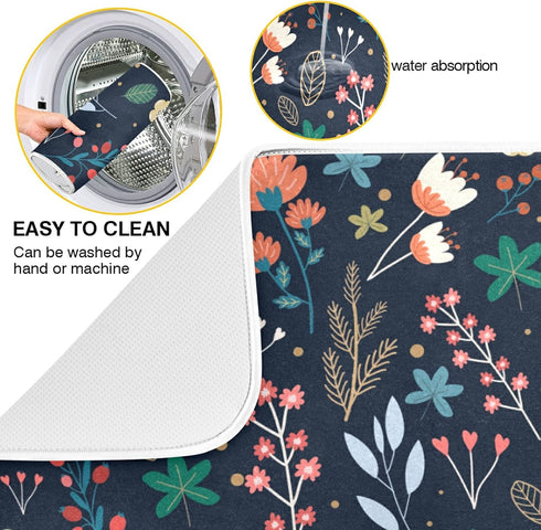 Dish Drying Mat for Kitchen Counter, Colorful Flowers Black Absorbent Drying Matt for Dishes Sink 16'' x 18''