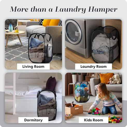 Handy Laundry Collapsible Mesh Pop Up Hamper, Wide Opening with Side Pocket - Sturdy, Foldable Design (Black | 2-Pack)