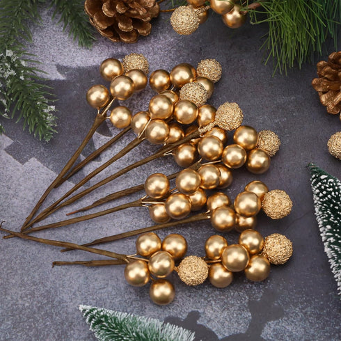Meiwlong 10pcs Glitter Fake Artificial Gold Berries Picks Christmas Tree Decorations Foam Flower Core Wedding Garland