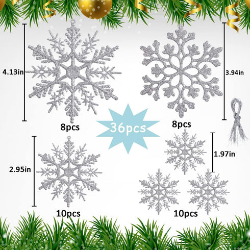 36 Pack Silver Snowflake Ornaments, Plastic Glitter Snow Flakes for Winter Christmas Tree Decorations, Size Varies