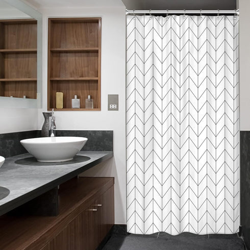 Riyidecor Small Stall White Black Half Single RV Camper Shower Curtain 39x72 Inch, Chevron Herringbone Geometric Decor