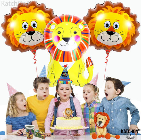 KatchOn Lion Balloons for Birthday Party - Giant 30 Inch, Pack of 3, Foil Mylar Decorations for Safari Animal Theme