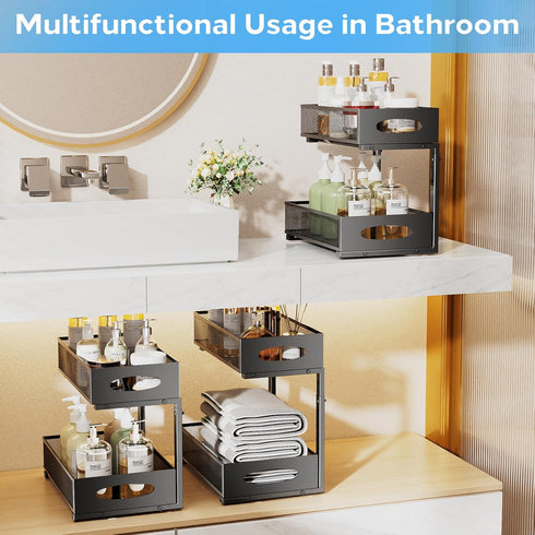 Under Sink Organizer, 2 Tier Pull Out Cabinet Baskets with Mesh Sliding Drawers, Slide Out Storage Shelf for Home &