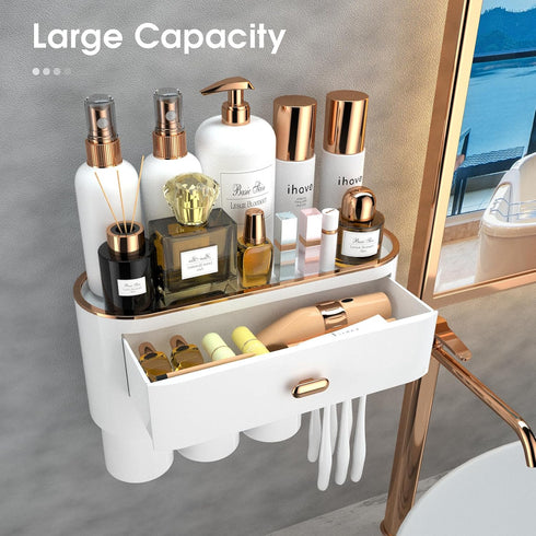 iHave 3 Cups Toothbrush Holders for Bathrooms, Wall Mounted Organizer with Large Capacity Drawer and Tray