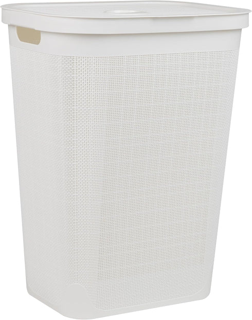 Mind Reader 60L Slim Laundry Hamper, Clothes Basket with Lid, Linen Design, Plastic, 18.25”L x 14.25”W x 23.5”H, White