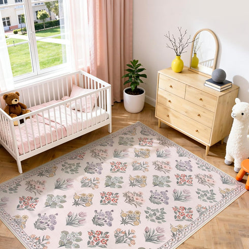 5x7 Cozy Wonnitar Pink Rugs for Bedroom Girls Nursery, Floral Print Washable Rug, Boho Ultra-Thin Non Slip Soft Carpet