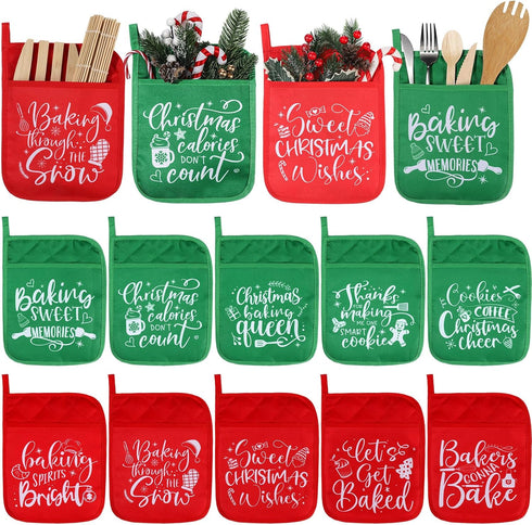10 Pcs Christmas Pot Holders with Pocket, Heat Resistant Oven Mitts, Red & Green, for Kitchen Baking