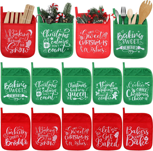10 Pcs Christmas Pot Holders with Pocket, Heat Resistant Oven Mitts, Red & Green, for Kitchen Baking