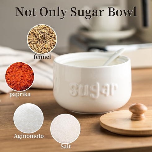 LYEOBOH Sugar Bowl with Lid and Spoon, 17 OZ Ceramic Sugar Jar for Coffee Bar, White Sugar Container for Kitchen