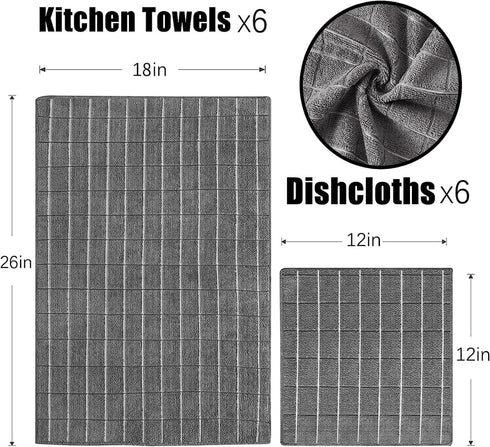 Microfiber Kitchen Towels and Dishcloths Set, 26 X 18 Inch and 12 X 12 Inch, Set of 12 Bulk Lint Free Dish Towels for Drying Dishes, Grey by Puomue