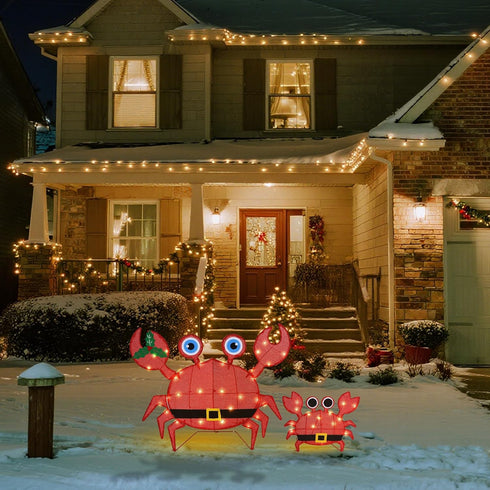 Set 2 2D Prsildan Outdoor Christmas Decorations - of LED Lighted Crab Yard Decor, Battery Operated Holiday Lawn Figures