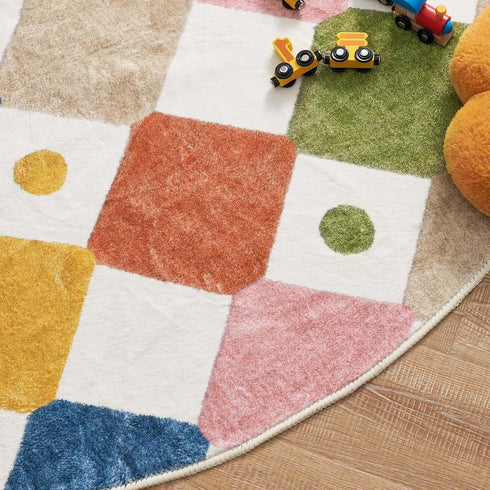 jinchan 4ft Macy Round Rug for Kids Room Modern Colorful Checkered Diamond Nursery Rug Indoor Washable Soft Non Slip