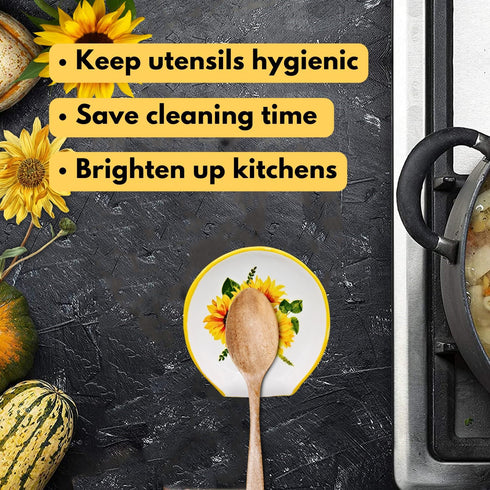 Sunflower Kitchen Decor - Ceramic Spoon Rest for Stove Top, Large Utensil Holder, Farmhouse Kitchen Decor