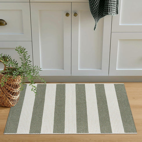 OJIA Front Door Mat, 24"x35" Green Striped Checkered Rug, Washable Indoor Outdoor Rug for Kitchen Entryway Patio