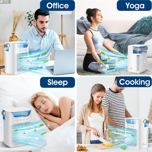 USB Powered Air Conditioner Fan, 700ML Automatic Timing Portable Cooler Humidifier with 7 Color Night Light, 3 Wind