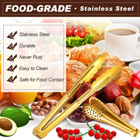 Gold 12 Pieces Mini Serving Tongs, Stainless Steel Appetizer Tongs, Cooking Tong for Salad, Buffet, Party, 5 Inch, 9