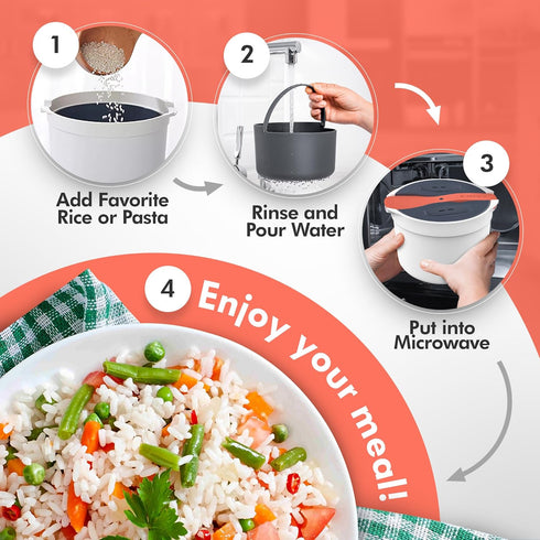 Microwave Rice Cooker Steamer and Pasta Cooker with Strainer - Mess-Free Design, Dishwasher Safe, Cooks 8 Cups