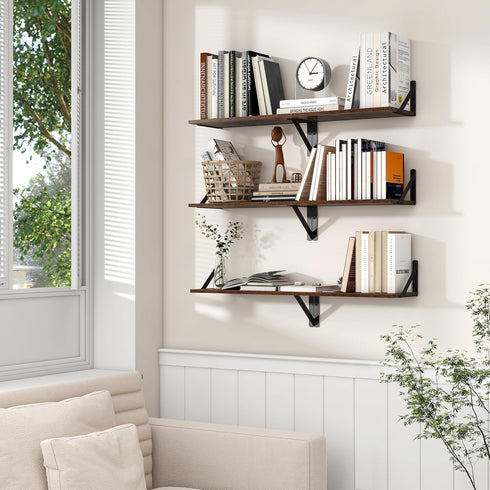 8 Inch Set 2, 16''W 8''D Axeman Floating Shelves for Wall, Deep Brown Wall Shelves of x Rustic Brown Wood Shelves