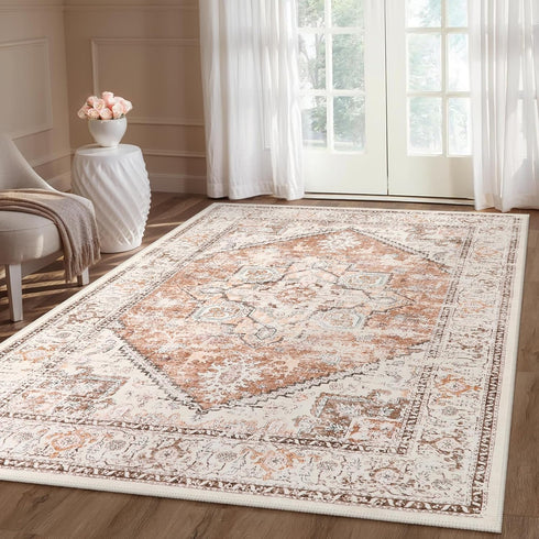 5x7 LIVEBOX Area Rugs for Living Room, Washable Nursery Orange Boho Rug Soft Non-Slip, Low-Pile Vintage Medallion