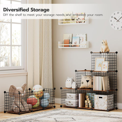 HOOBRO 9-Cube Wire Storage Organizer, Metal Grid Shelf, Modular Cabinet for Living Room, Bedroom, Rustic Brown and Black